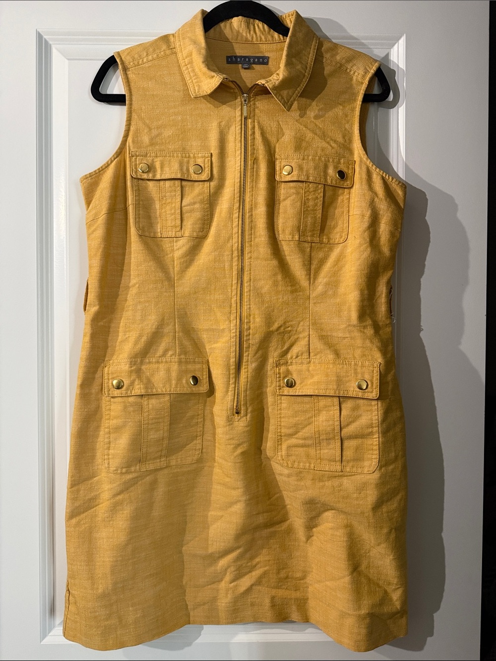 Sharagano Yellow Sleeveless Utility Zip-Front Dress